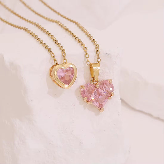 Pink Heart Pendant Necklace Set